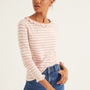 Boden Striped Ruffle Top Sz XS Long-Sleeve Pink White Cotton Blouse Shirt